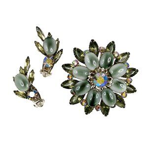 Celebrity Gray Cabochon & AB Rhinestones Brooch Earrings Set Vintage Jewelry